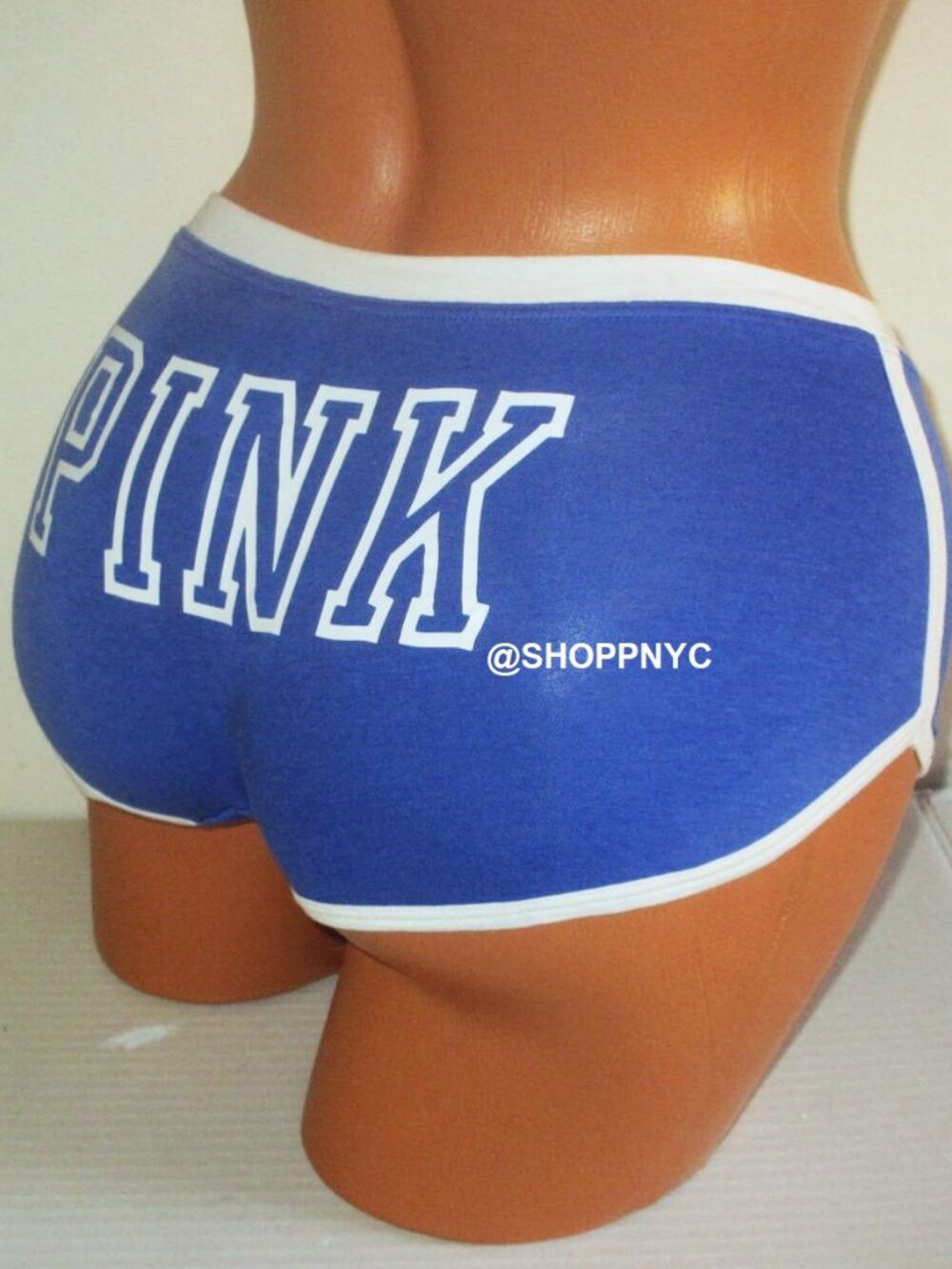 PINK Victoria's Secret Cotton Dorm Boyshort Panty Blue White Logo Trim Size XL
